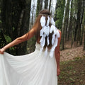 White featherhead bohemia wedding bridal hair band featuring delicate cascading feathers on a thin band