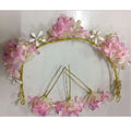White floral crystal handmade wreath headwear with delicate pink and white flowers, gold wire, small pearls, and crystal accents