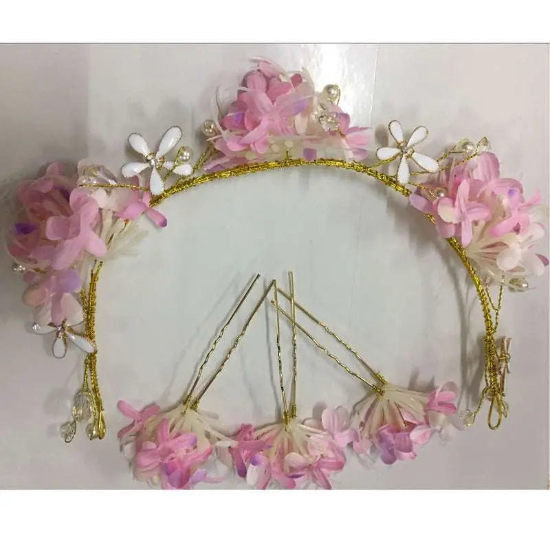 White floral crystal handmade wreath headwear with delicate pink and white flowers, gold wire, small pearls, and crystal accents