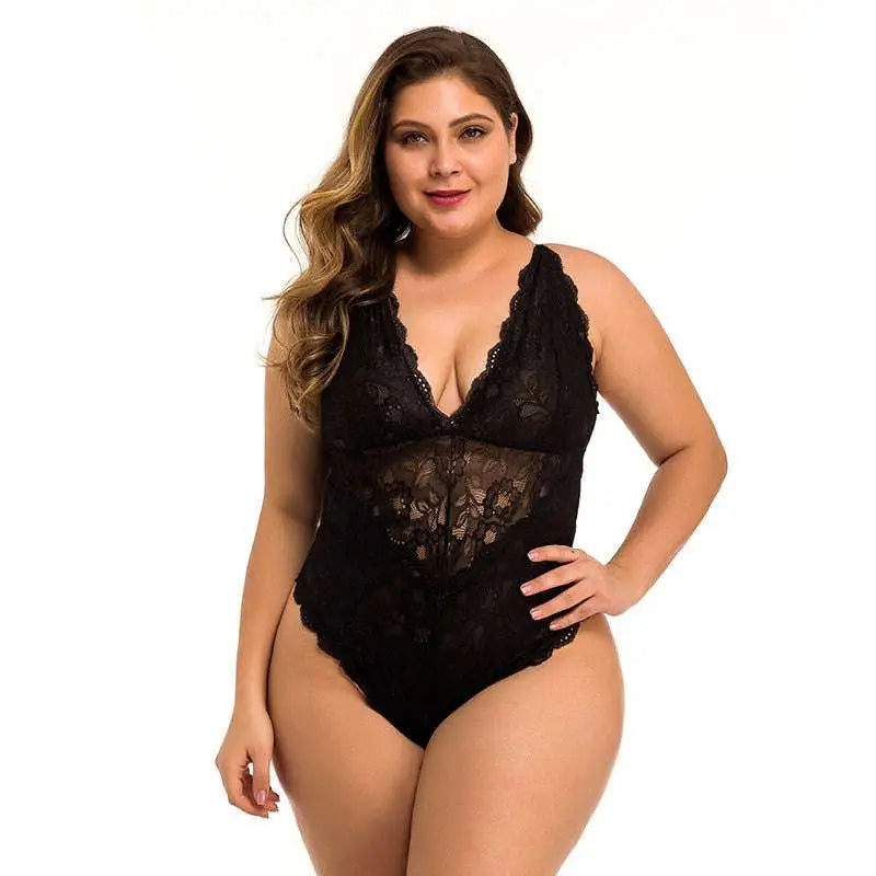 White floral halter plus size lace bodysuit with deep v-neckline featuring floral patterns and lace sleeveless halter design