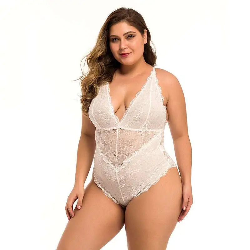 White floral halter plus size lace sleeveless halter bodysuit with deep v-neckline and delicate floral patterns