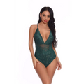 Emerald green lace sleeveless halter bodysuit with deep v-neckline and delicate floral patterns, plus size design