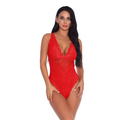 Red lace sleeveless halter bodysuit with deep v-neckline and delicate floral patterns in plus size design