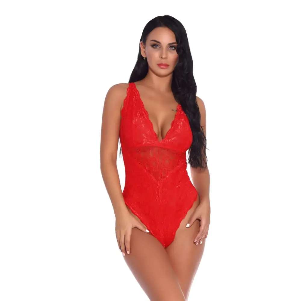 Red lace sleeveless halter bodysuit with deep v-neckline and delicate floral patterns in plus size design