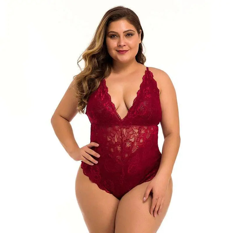 A deep red lace sleeveless halter plus size bodysuit with a plunging v-neckline and delicate floral patterns