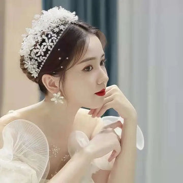 Delicate white floral crystal headband with lace detailing, elegant headband styling accessories for special occasions
