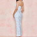 Light blue floral print dress women with thin spaghetti straps fitted silhouette without puff sleeves or square neckline
