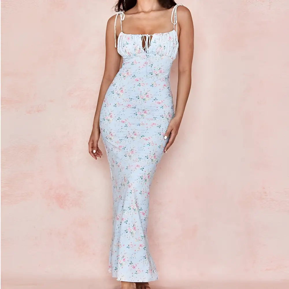 White floral print dress for women featuring puff sleeves and a square neckline in a midi length design