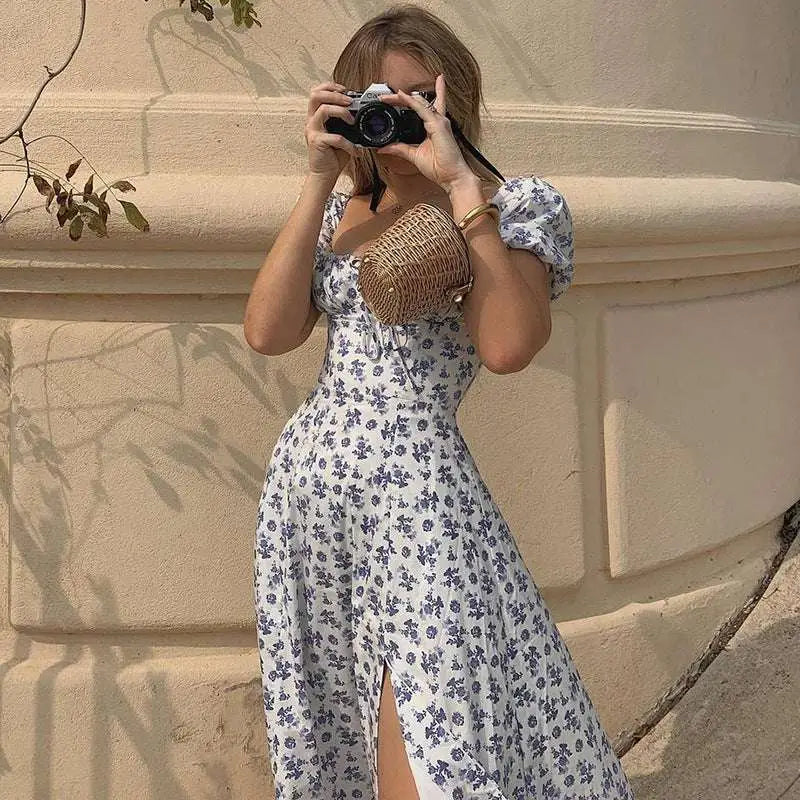 White floral print dress women with puff sleeves featuring a square neckline and side slit midi design