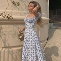 White floral print dress with puff sleeves and square neckline in midi length for women