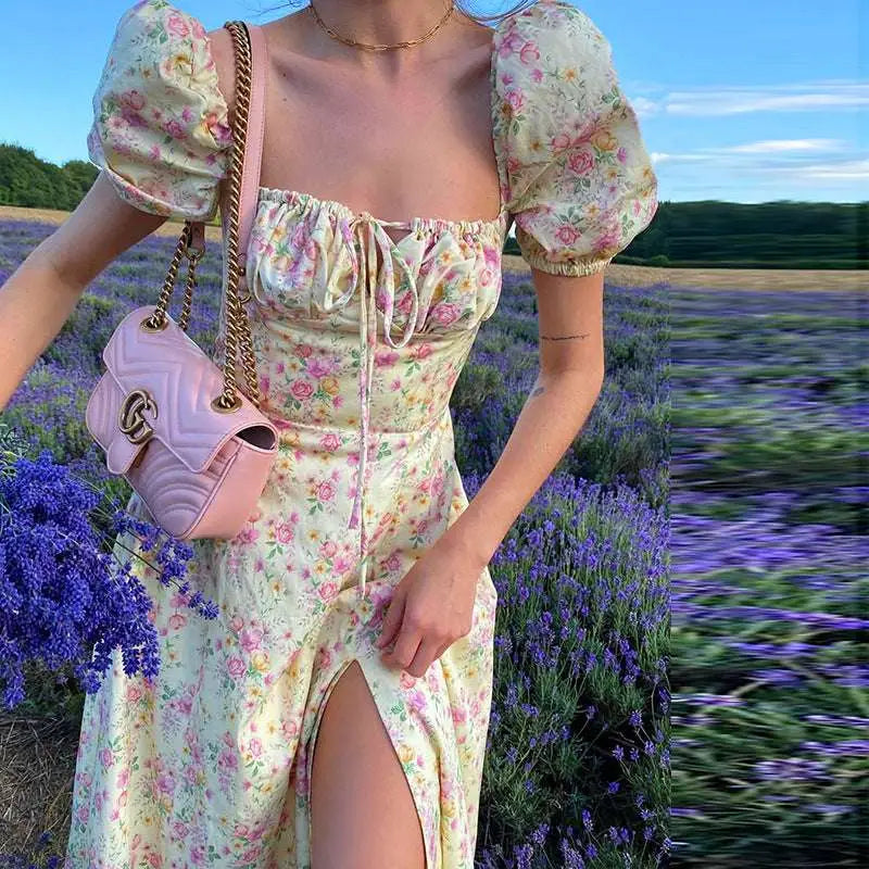 Pink quilted gucci gg marmont mini crossbody bag with gold chain strap paired with white floral print dress with puff sleeves and square neckline