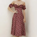 A burgundy floral print dress with puff sleeves square neckline and ruffled short sleeves for women