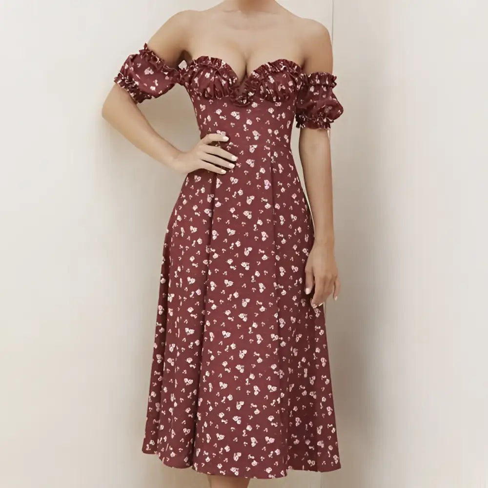 A burgundy floral print dress with puff sleeves square neckline and ruffled short sleeves for women
