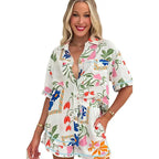 White floral slim fit short sleeve button-down romper with drawstring waist in white floral slim fit short sleeve shirt set