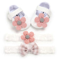 White flower princess baby shoes with pink knitted flower decorations and gray centers for toddlers and babies