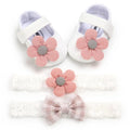 White flower princess baby shoes with pink knitted flower decorations and gray centers for baby and toddler use