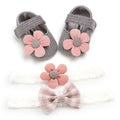 Gray knit baby shoes with pink fabric flowers and matching lace headband with plaid bow white flower princess