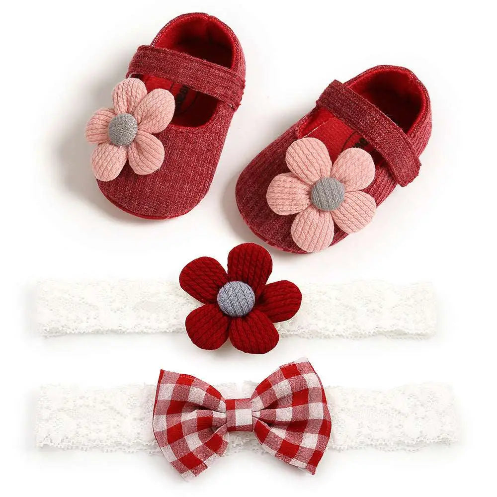 White flower princess red corduroy baby shoes with pink knitted and gray fabric flowers on the front