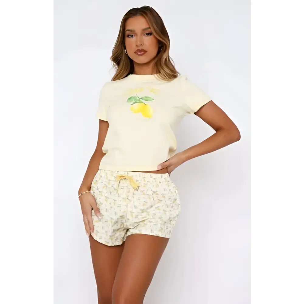 Cream-colored short-sleeved t-shirt with yellow lemon graphic from white fox shorts sweetheart pajamas printing suit