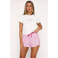 Pink patterned white fox shorts with matching drawstring waistband from sweetheart pajamas printing suit