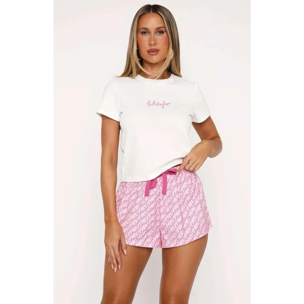 Pink patterned white fox shorts with matching drawstring waistband from sweetheart pajamas printing suit