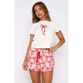 White cropped t-shirt with red ribbon embroidery chest detail from white fox shorts sweetheart pajamas printing suit