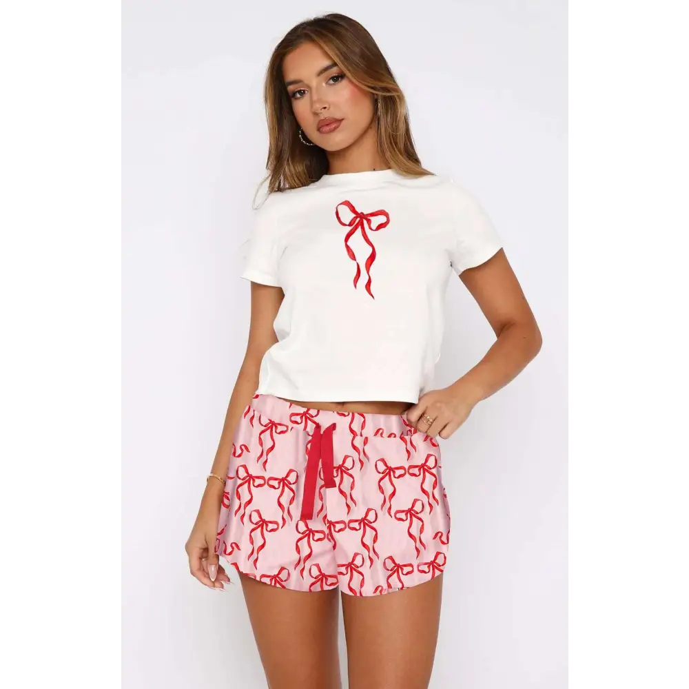 White cropped t-shirt with red ribbon embroidery chest detail from white fox shorts sweetheart pajamas printing suit
