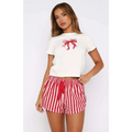 White cropped t-shirt with red bow graphic and white tie text from white fox shorts sweetheart pajamas printing suit