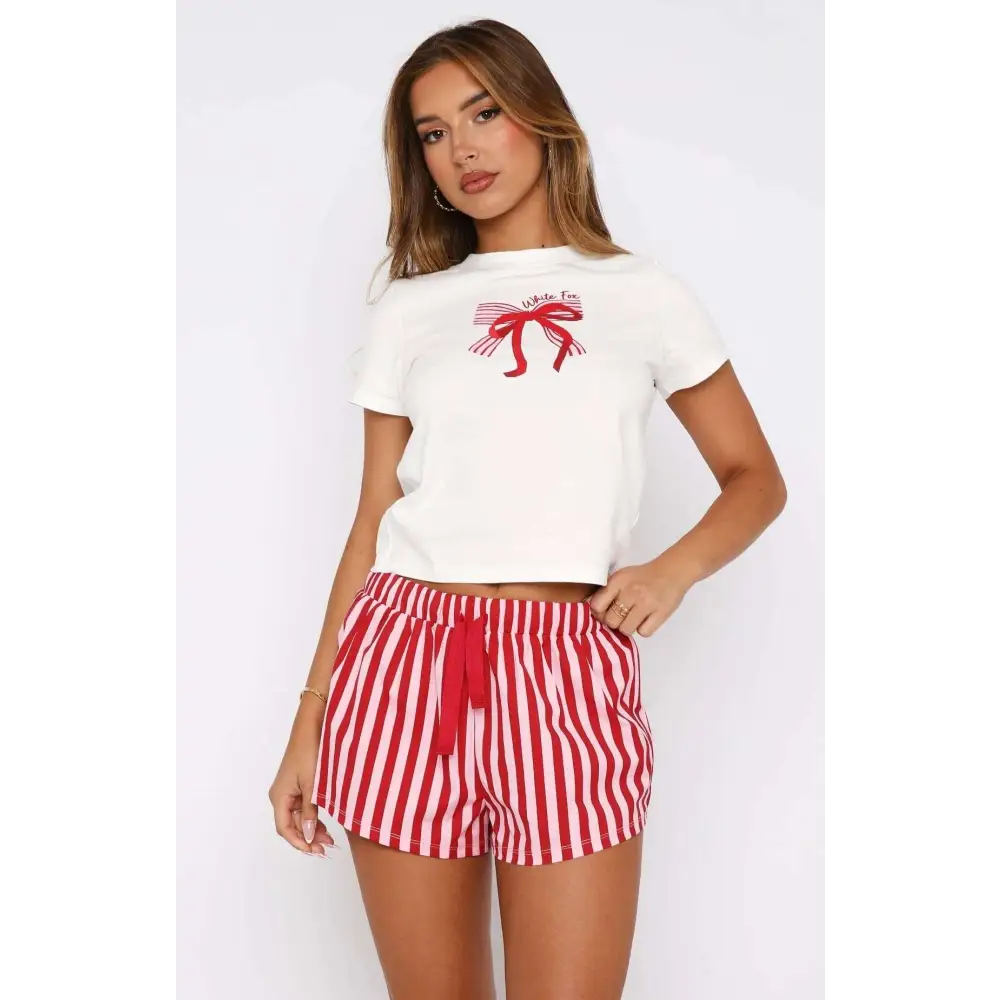 White cropped t-shirt with red bow graphic and white tie text from white fox shorts sweetheart pajamas printing suit