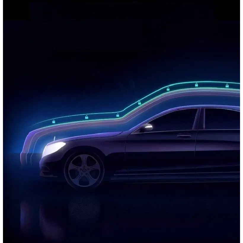 A sleek dark mercedes-benz sedan highlighted by neon lines with a white glass white mirror rearview driving recorder
