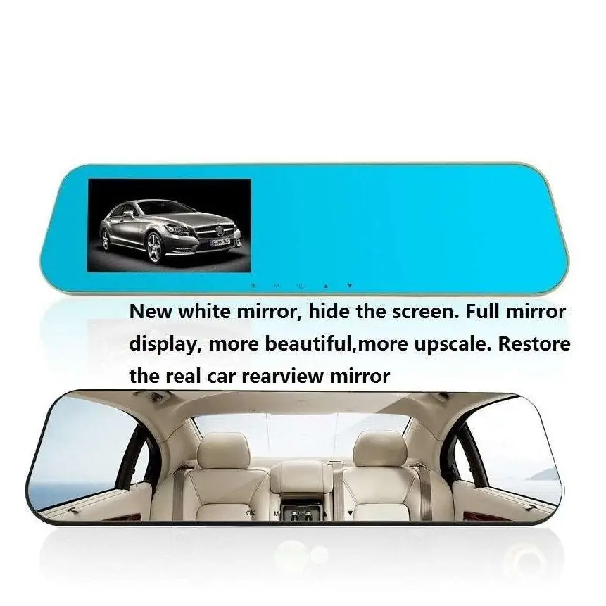 Black rearview driving recorder with integrated display and mounting brackets for glass white mirror rearview driving