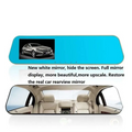 White glass white mirror rearview driving recorder with blue rectangular screen showing silver mercedes-benz rearview