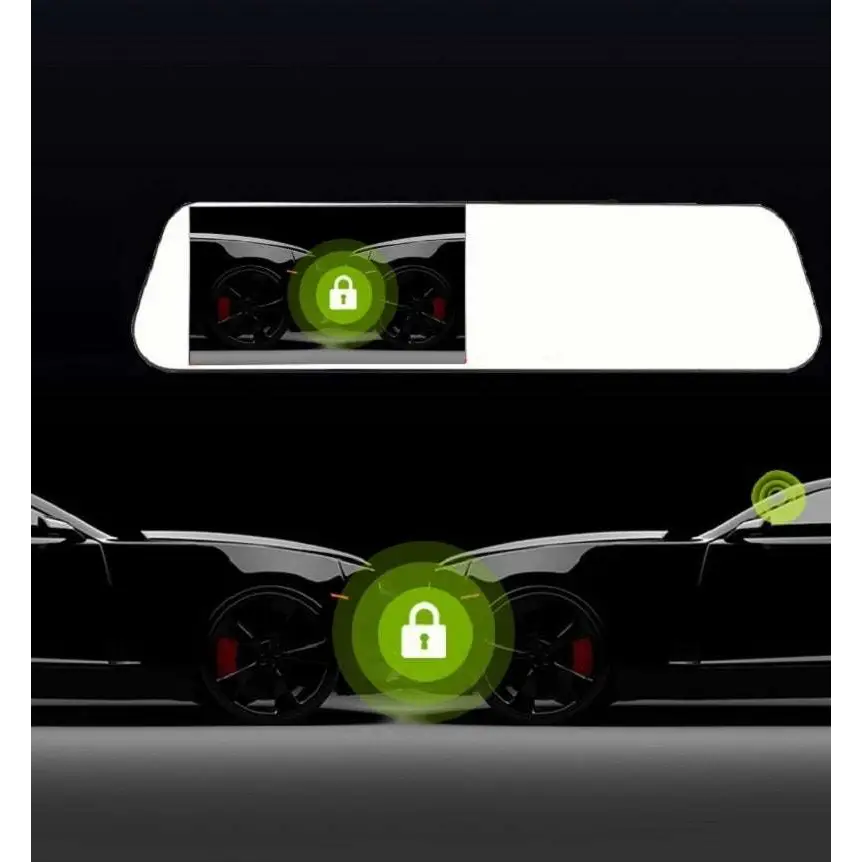 A sleek black car with red brake calipers and a glass white mirror rearview driving recorder showing a green lock icon