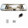 Rectangular glass white mirror rearview driving recorder with sleek black frame reflecting beige leather car interior