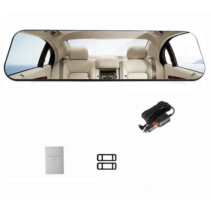 Rectangular glass white mirror rearview driving recorder with sleek black frame reflecting beige leather car interior