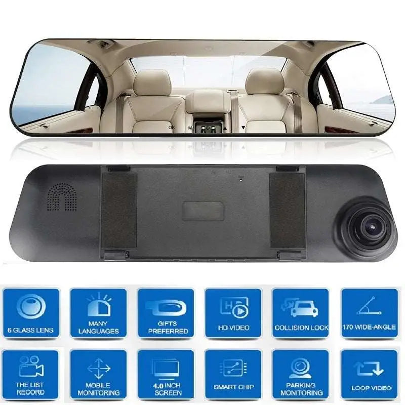Black rearview driving recorder with 4.0-inch screen and wide-angle lens for hd video in glass white mirror design