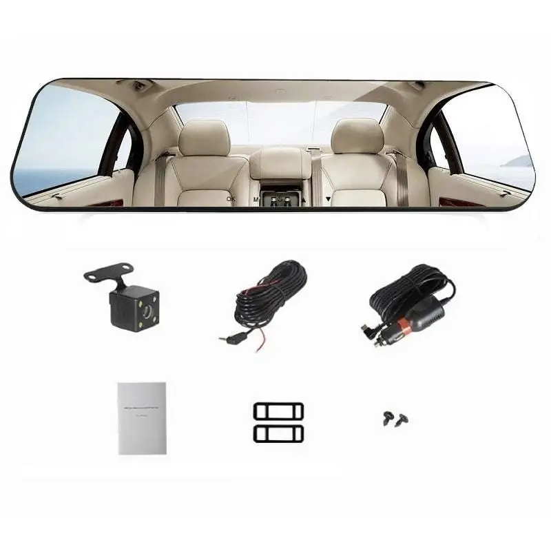 Black rectangular rearview driving recorder with integrated wiring and mounting hardware for glass white mirror use