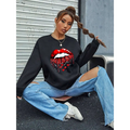 Black pocketed long sleeve sweatshirt featuring bold red glittery lips with dripping effect and small heart details