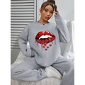 Gray pocketed long sleeve sweatshirt featuring bold red white glitter lips graphic with dripping design and small hearts