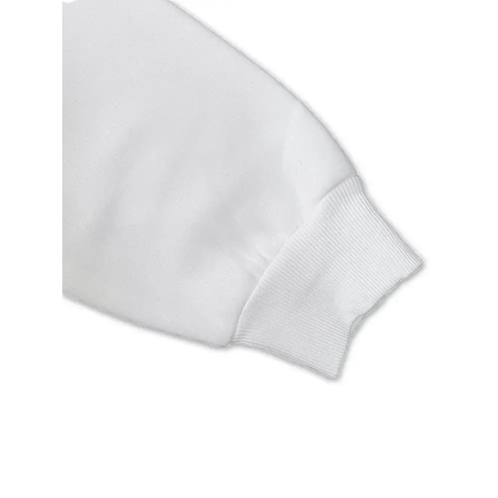 White ribbed knit cuff on a sleeve sweatshirt featuring white glitter lips and pocketed long sleeve design