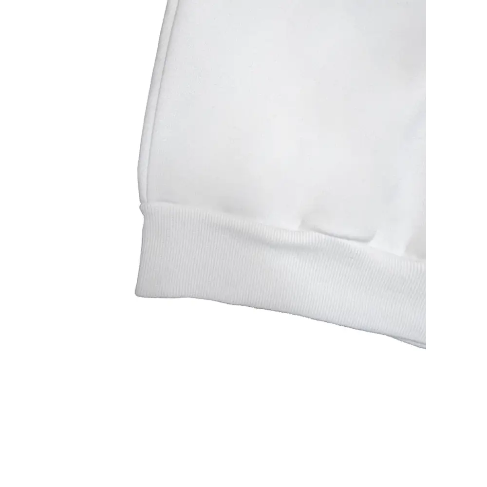 White ribbed knit cuff on sleeve of white glitter lips pocketed long sleeve sweatshirt featuring casual comfort