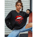 Black pocketed long sleeve sweatshirt featuring bold red glittery lips with dripping effect and small hearts below