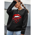 Black pocketed long sleeve sweatshirt featuring bold red glittery lips with dripping hearts graphic design