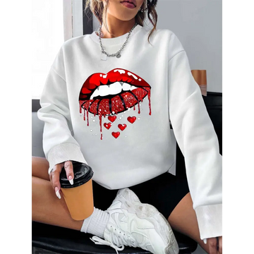 White pocketed long sleeve sweatshirt featuring bold red glitter lips graphic dripping with hearts design