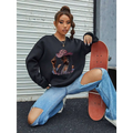 Black oversized long sleeve sweatshirt featuring a vibrant white graphic leopard hat design with pink accents