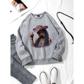 Gray long sleeve sweatshirt featuring a white graphic leopard hat design with a woman in sunglasses and leopard print hat