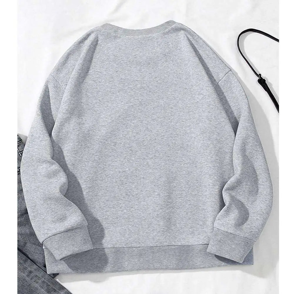 Gray heathered long sleeve sweatshirt with ribbed cuffs and hem featuring a white graphic leopard hat design