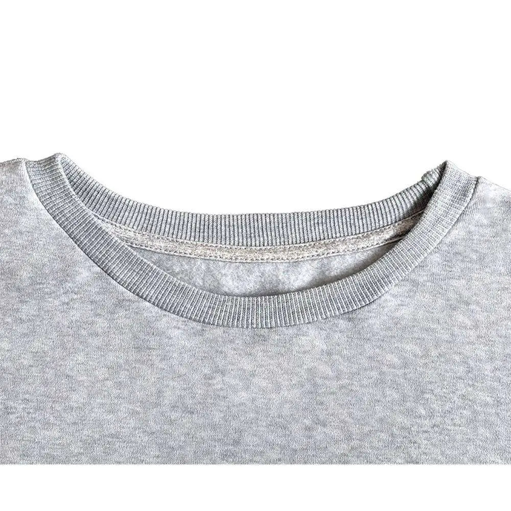 Gray heathered cotton crew neck sweatshirt collar with ribbed trim on white graphic leopard hat long sleeve sweatshirt