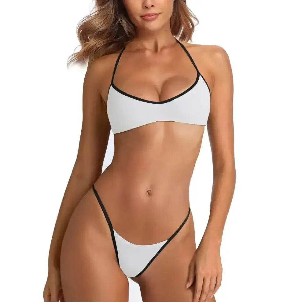 White halter bikini extreme thong with black trim featuring contrast strap design for stylish swimwear looks