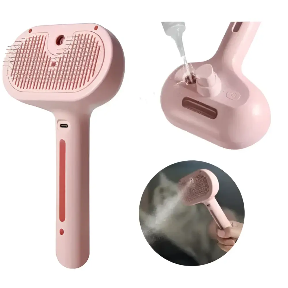 White handheld steaming pet hair spray brush with textured grid-like bristle head and sleek plastic body